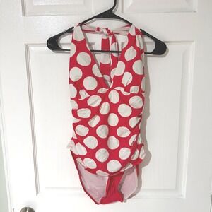 Lauren Ralph Lauren Red White Polka Dot Halter One Piece Swimsuit Size 10 Ruched